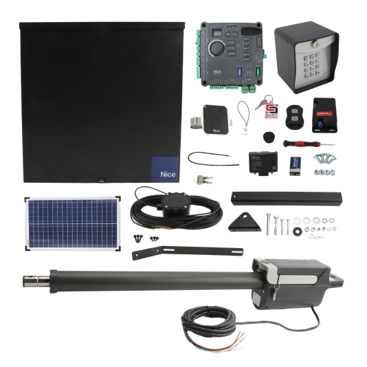 Nice Apollo310APOLLODUAL-FULLPACKAGE-30S Swing Gate Opener Package W/ Wireless Keypad, Exit Wand, 30 W Solar Panel & Linear Actuators