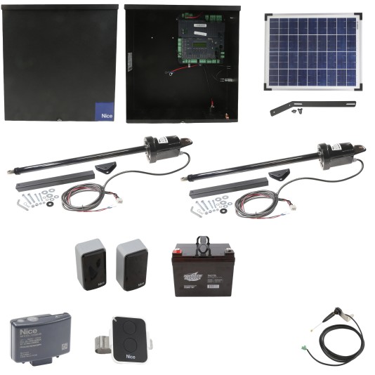 Nice Apollo 1051 Dual Arm Swing Gate Opener Package with 1050 Control Board, 20 W Solar Panel, and 35Ah Battery
