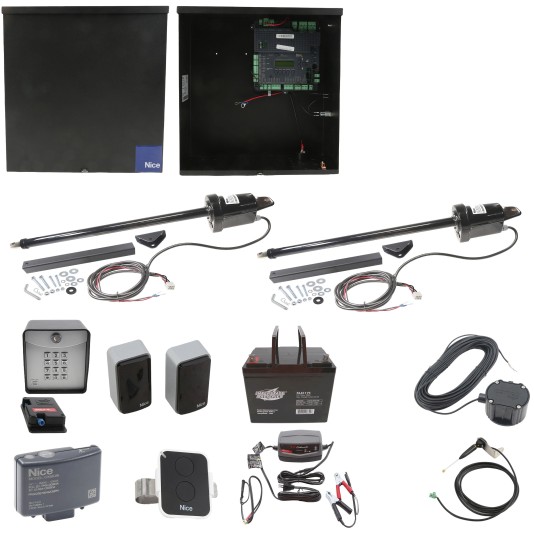 Nice Apollo 1501 Dual  Arm Swing Gate Opener Complete Package with 1050 Control Board and 75 Ah Battery 