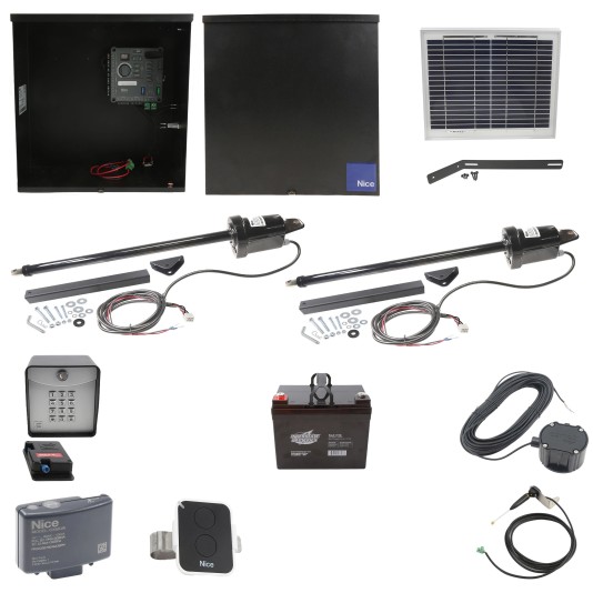 Nice Apollo 816 Dual Linear Actuator Swing Gate Opener Complete Package with 310 Control Board, 10W Solar Panel, and 35 Ah Battery