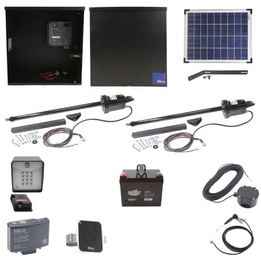Nice Apollo 816 Dual Linear Actuator Swing Gate Complete Opener Package with 310 Control Board, 20W Solar Panel, and 35 Ah Battery
