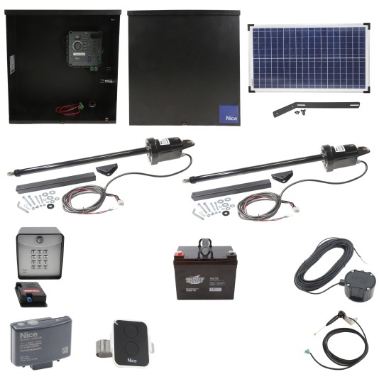 Nice Apollo 816 Dual Linear Actuator Swing Gate Opener Complete Package with 310 Control Board, 30W Solar Panel, and 35 Ah Battery
