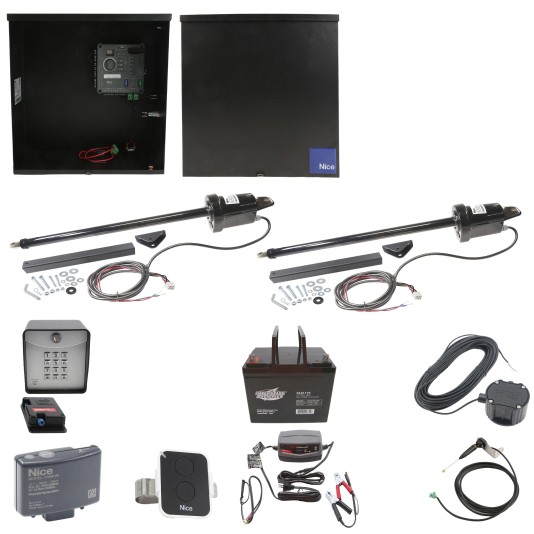 Nice Apollo 816 Dual Linear Actuator Swing Gate Opener Complete Package with 310 Control Board and 75 Ah Battery