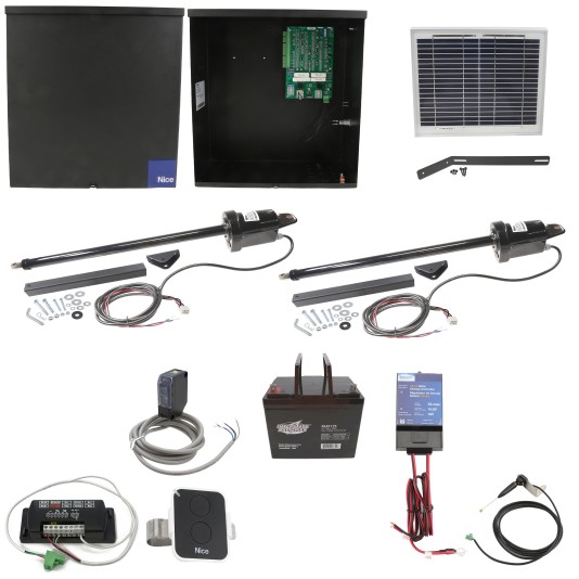 Nice Apollo 1600 Dual Arm Swing Gate Opener Package with 636 Control Board, 10W Solar Panel, and 75 Ah Battery