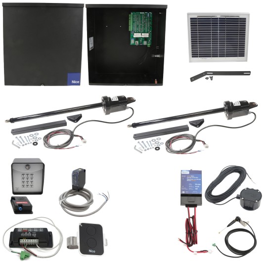 Nice Apollo 1600 Dual Arm Swing Gate Opener Complete Package with 636 Control Board and 10W Solar Panel