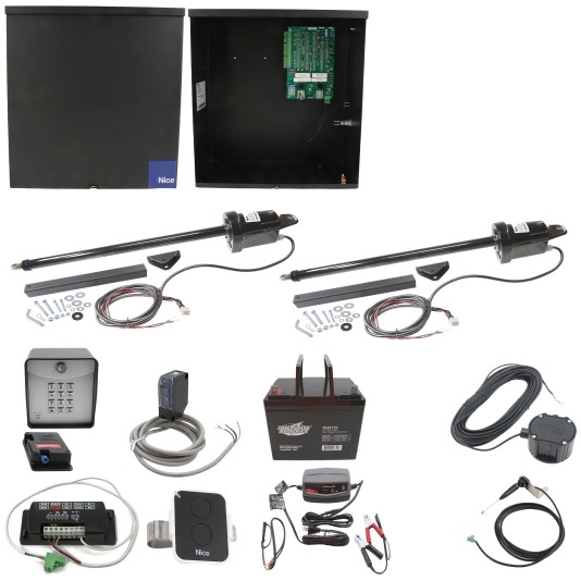 Nice Apollo 1600 Dual Arm Swing Gate Opener Complete Package with 636 Control Board and 75 Ah Battery
