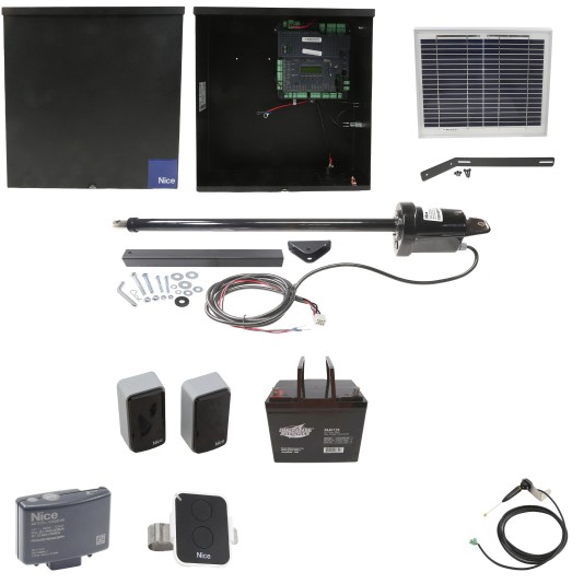 Nice Apollo 1501 Single Arm Swing Gate Opener Package with 1050 Control Board, 10W Solar Panel, and 75 Ah Battery 