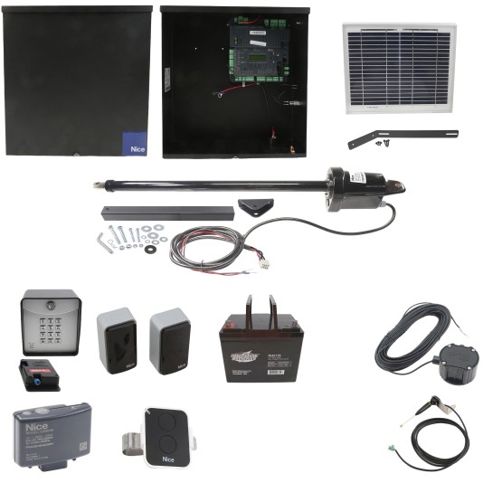 Nice Apollo 1501 Single Arm Swing Gate Opener Complete Package with 1050 Control Board, 10W Solar Panel, and 75 Ah Battery 