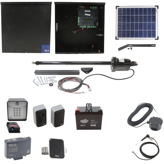 Nice Apollo 1051 Single Arm Swing Gate Opener Complete Package with 1050 Control Board, 20 W Solar Panel, and 35Ah Battery