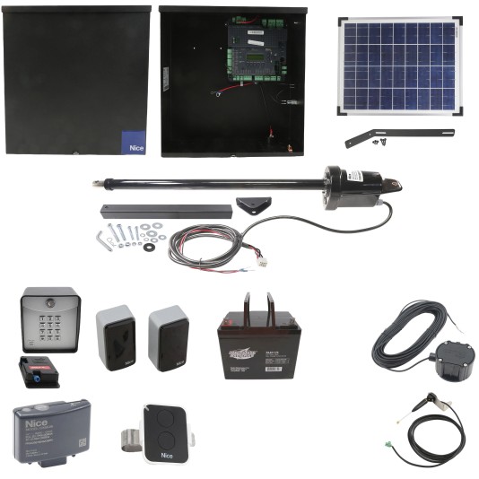 Nice Apollo 1501 Single Arm Swing Gate Opener Complete Package with 1050 Control Board, 20W Solar Panel, and 75 Ah Battery 