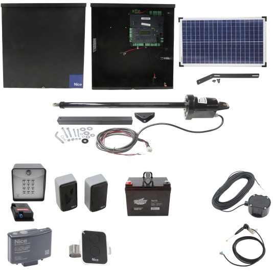 Nice Apollo 1051 Single Arm Swing Gate Opener Complete Package with 1050 Control Board, 30 W Solar Panel, and 35Ah Battery
