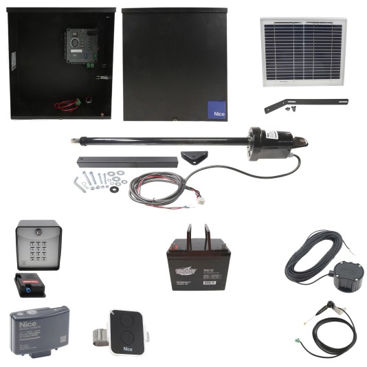 Nice Apollo 816 Linear Actuator Swing Gate Opener Complete Package with 310 Control Board, 10W Solar Panel, and 75 Ah Battery