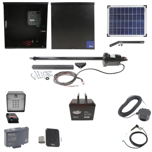 Nice Apollo 816 Linear Actuator Swing Gate Opener Complete Package with 310 Control Board, 20W Solar Panel, and 75 Ah Battery