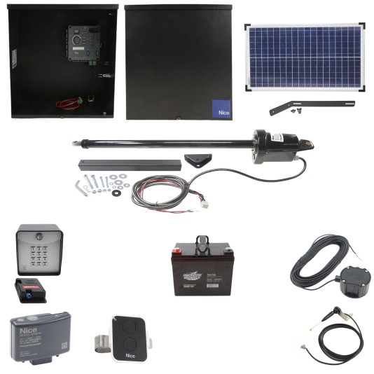 Nice Apollo 816 Linear Actuator Swing Gate Opener Complete Package with 310 Control Board, 30W Solar Panel, and 35 Ah Battery