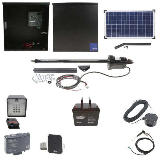 Nice Apollo 816 Linear Actuator Swing Gate Opener Complete Package with 310 Control Board, 30W Solar Panel, and 75 Ah Battery