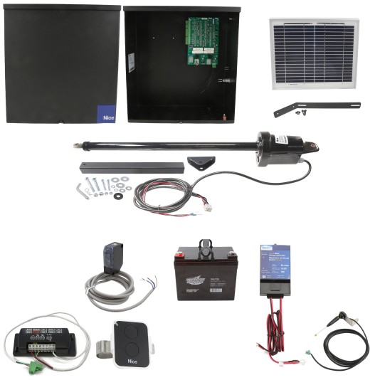 Nice Apollo Apollo 1500 Single Arm Swing Gate Opener Package with 636 Control Board, 10W Solar Panel, and 35 Ah Battery