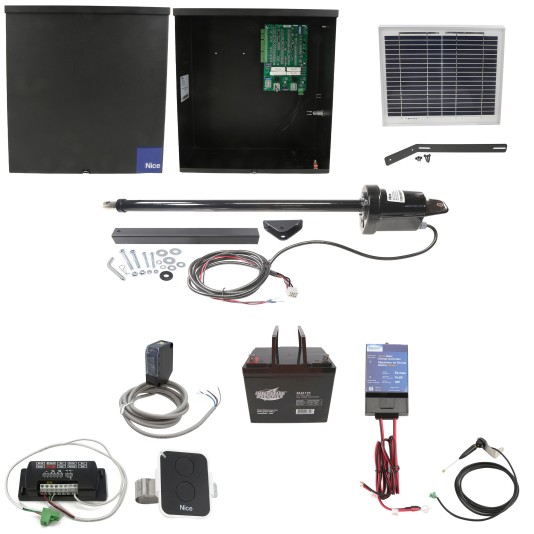 Nice Apollo 1500 Single Arm Swing Gate Opener Package with 636 Control Board, 10W Solar Panel, and 75 Ah Battery