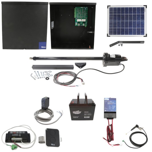 Nice Apollo 1500 Single Arm Swing Gate Opener Package with 636 Control Board, 20W Solar Panel, and 75 Ah Battery