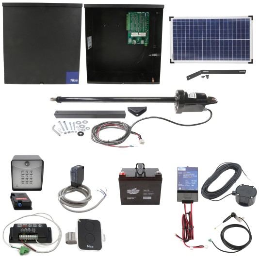 Nice Apollo Apollo 1500 Single Arm Swing Gate Opener Complete Package with 636 Control Board, 30W Solar Panel, and 35 Ah Battery