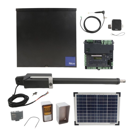 Kit includes 912L-1 arm, CBOX w/ 1050 controller, solar panel, OXI receiver, ON2E transmitter, ABF antenna, EPMORB/A BlueBUS reflective photo eye