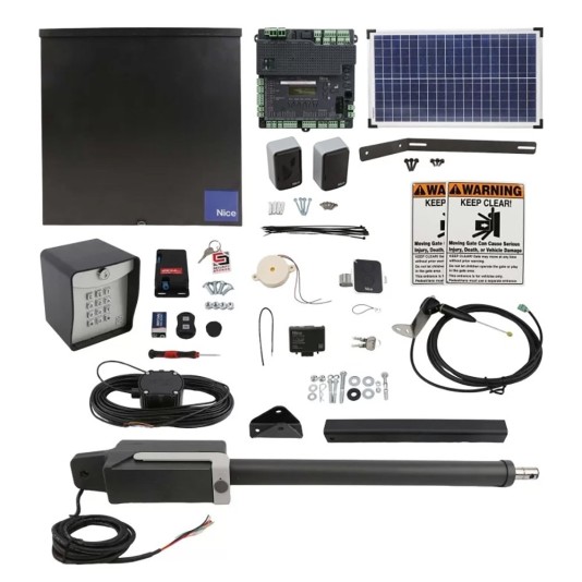 Nice Apollo TITAN12L1 Dual Swing Gate Opener Solar Package w/ 1050 Control Board, 10 Watt Solar Panel and Entry/Exit Controls