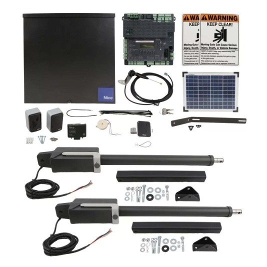 Nice Apollo TITAN12L1 Dual Swing Gate Opener Solar Package w/ 1050 Control Board and 10 Watt Solar Panel