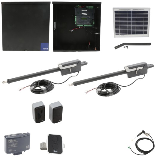 Nice Apollo TITAN12L1 Dual Swing Gate Opener Solar Package w/ 1050 Control Board and 10 Watt Solar Panel