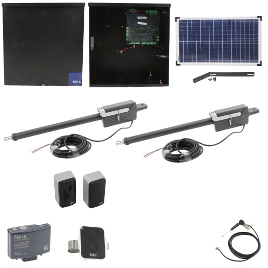 Nice Apollo TITAN12L1 Dual Swing Gate Opener Solar Package w/ 1050 Control Board and 30 Watt Solar Panel