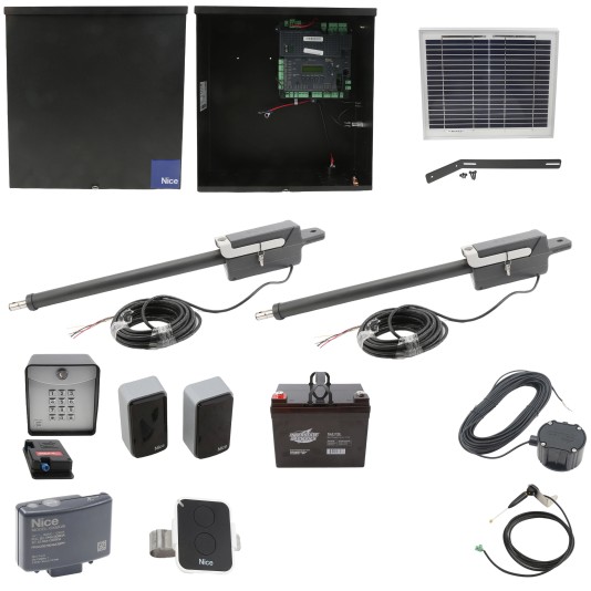 Nice Apollo Titan 12L1 Dual  Swing Gate Opener Complete Package with 1050 Control Board, 10W Solar Panel, and 35 Ah Battery