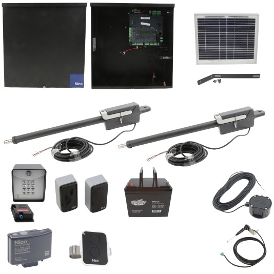 Nice Apollo Titan 12L1 Dual Swing Gate Opener Complete Package with 1050 Control Board, 10W Solar Panel, and 75 Ah Battery