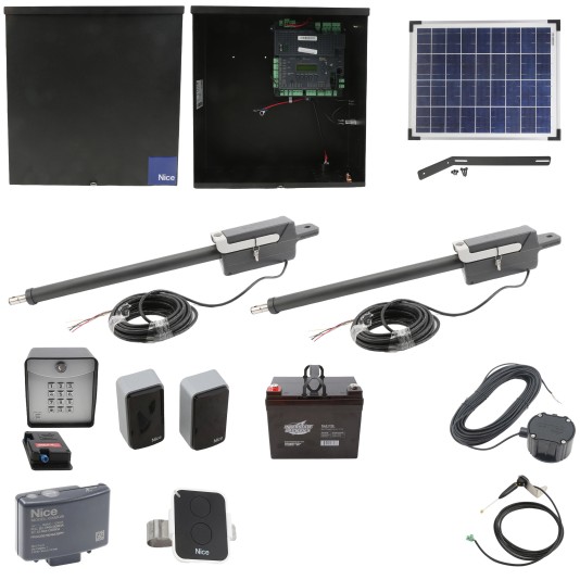 Nice Apollo Titan 12L1 Dual Swing Gate Opener Complete Package with 1050 Control Board, 20W Solar Panel, and 35 Ah Battery