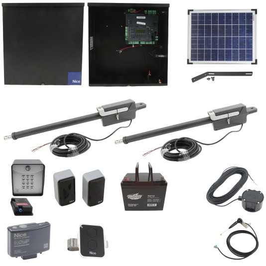 Nice Apollo Titan 12L1 Dual Swing Gate Opener Complete Package with 1050 Control Board, 20W Solar Panel, and 75 Ah Battery