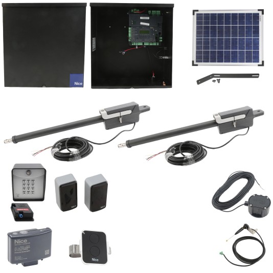Nice Apollo TITAN12L1 Dual Swing Gate Opener Solar Package w/ 1050 Control Board, 20 Watt Solar Panel and Entry/Exit Controls