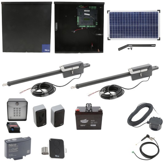 Nice Apollo Titan 12L1 Dual Swing Gate Opener Complete Package with 1050 Control Board, 30W Solar Panel, and 35 Ah Battery