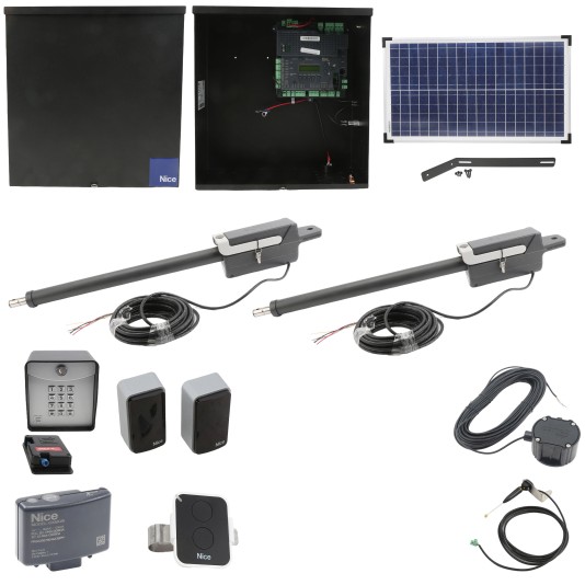 Nice Apollo TITAN12L1 Dual Swing Gate Opener Solar Package w/ 1050 Control Board, 30 Watt Solar Panel and Entry/Exit Controls