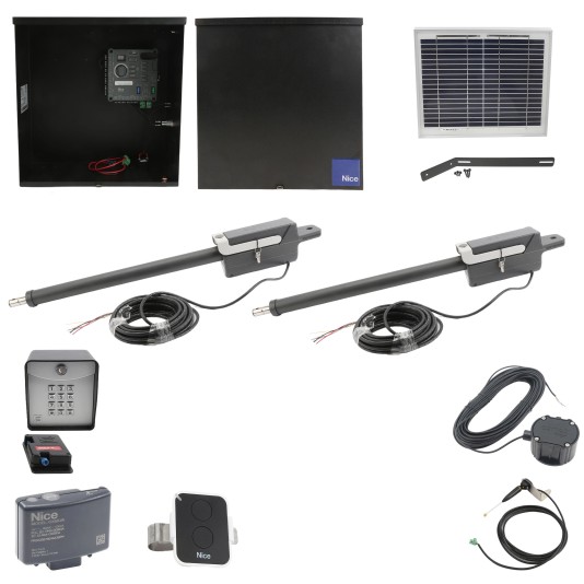 Nice Apollo 310APOLLODUAL-10S Swing Gate Opener Package W/ 10 Watt Solar Panel & Linear Actuators