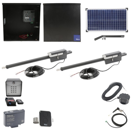 Nice Apollo 310APOLLODUAL-30S Swing Gate Opener Package W/ 30 Watt Solar Panel & Linear Actuators