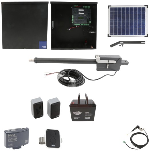 Nice Apollo Titan 12L1 Single Swing Gate Opener Package with 1050 Control Board, 20W Solar Panel, and 75 Ah Battery