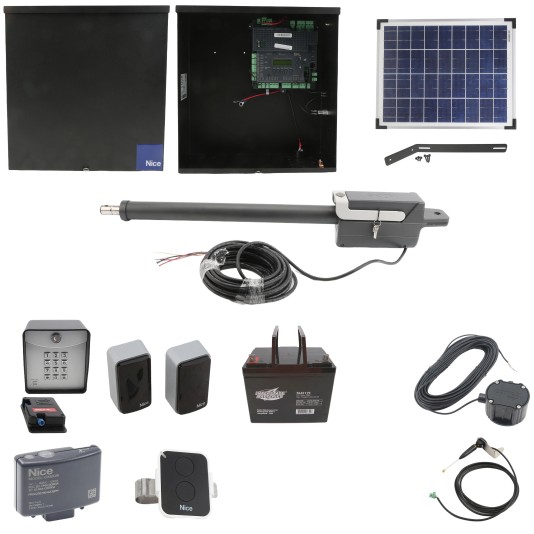 Nice Apollo Titan 12L1 Single Swing Gate Opener Complete Package with 1050 Control Board, 20W Solar Panel, and 75 Ah Battery