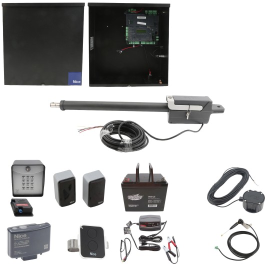 Nice Apollo Titan 12L1 Single Swing Gate Opener Complete Package with 1050 Control Board, 30W Solar Panel, and 75 Ah Battery
