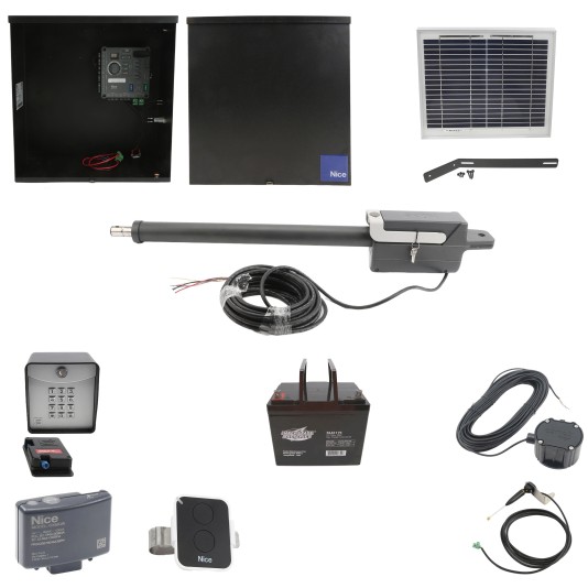 Nice Apollo Titan 912L1 Actuator Swing Gate Opener Complete Package with 310 Control Board, 10W Solar Panel, and 75 Ah Battery
