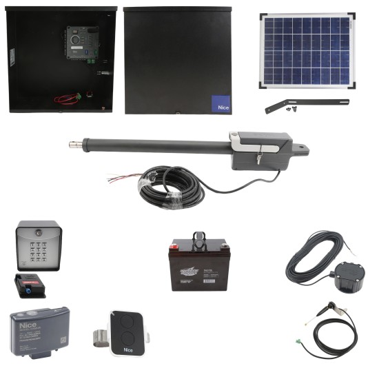 Nice Apollo Titan 310 Single Arm Swing Gate Opener Complete Package with 310 Control Board, 20W Solar Panel, and 35 Ah Battery