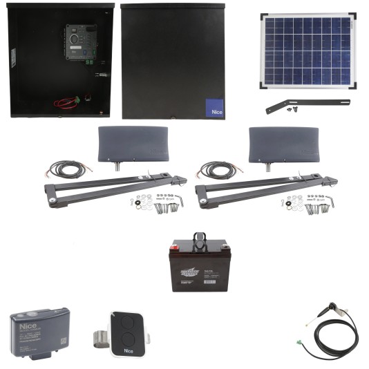 Nice Apollo Vanguard Heavy-Duty 3600 Dual Arm Swing Gate Opener Package with 310 Control Board, 20W Solar Panel, and 35 Ah Battery