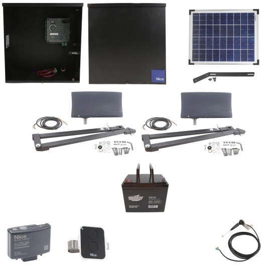 Nice Apollo Vanguard Heavy-Duty 3600 Dual Arm Swing Gate Opener Package with 310 Control Board, 20W Solar Panel, and 75 Ah Battery