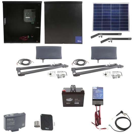 Nice Apollo Vanguard Heavy-Duty 3600 Dual Arm Swing Gate Opener Package with 310 Control Board, 50W Solar Panel, and 35 Ah Battery
