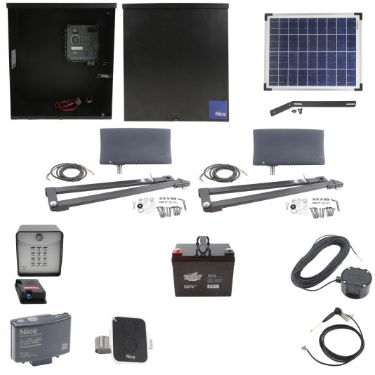 Nice Apollo Vanguard Heavy-Duty 3600 Dual Arm Swing Gate Opener Complete Package with 310 Control Board, 20W Solar Panel, and 35 Ah Battery