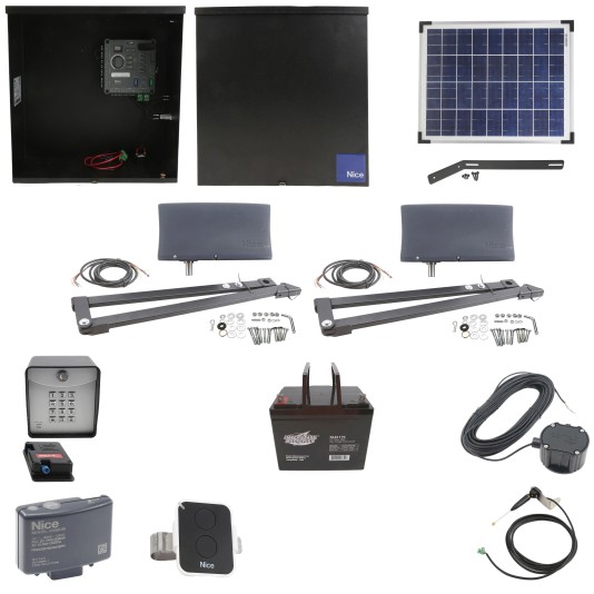 Nice Apollo Vanguard Heavy-Duty 3600 Dual Arm Swing Gate Opener Complete Package with 310 Control Board, 20W Solar Panel, and 75 Ah Battery