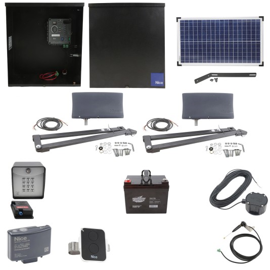 Nice Apollo Vanguard Heavy-Duty 3600 Dual Arm Swing Gate Opener Complete Package with 310 Control Board, 30W Solar Panel, and 35 Ah Battery