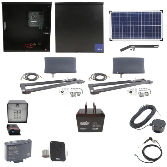 Nice Apollo Vanguard Heavy-Duty 3600 Dual Arm Swing Gate Opener Complete Package with 310 Control Board, 30W Solar Panel, and 75 Ah Battery