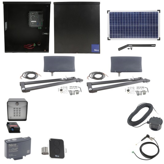 Nice Apollo 3600ETL-1K Vanguard Dual Swing Gate Opener Solar Package w/ 30 Watt Solar Panel and Entry/Exit Controls
